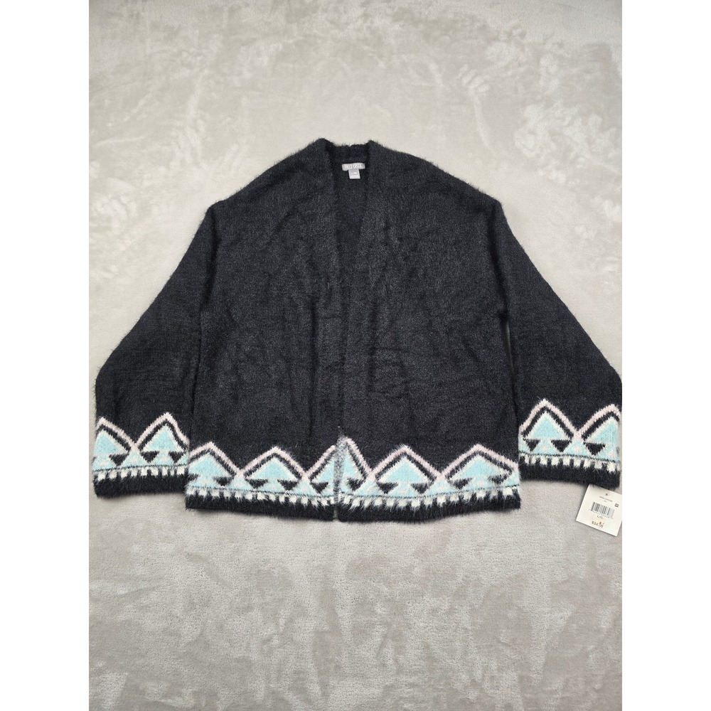 New Falls Creek Swing Cardigan Women L/XL Black Fuzzy Geometric Aztec Open Front